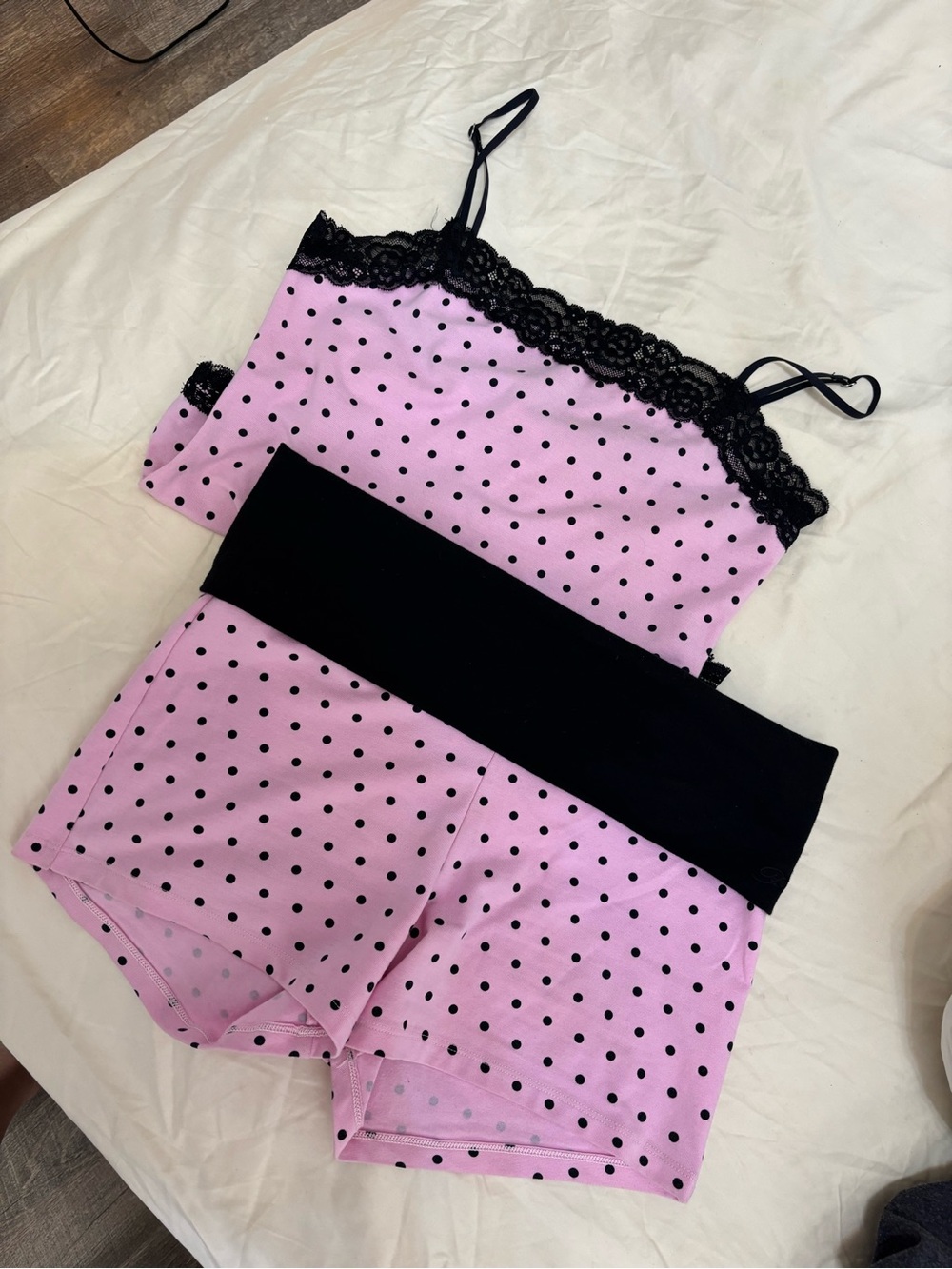PINK Victoria's Secret x Frankies Pink & Black Polka Dot Lace matching set M